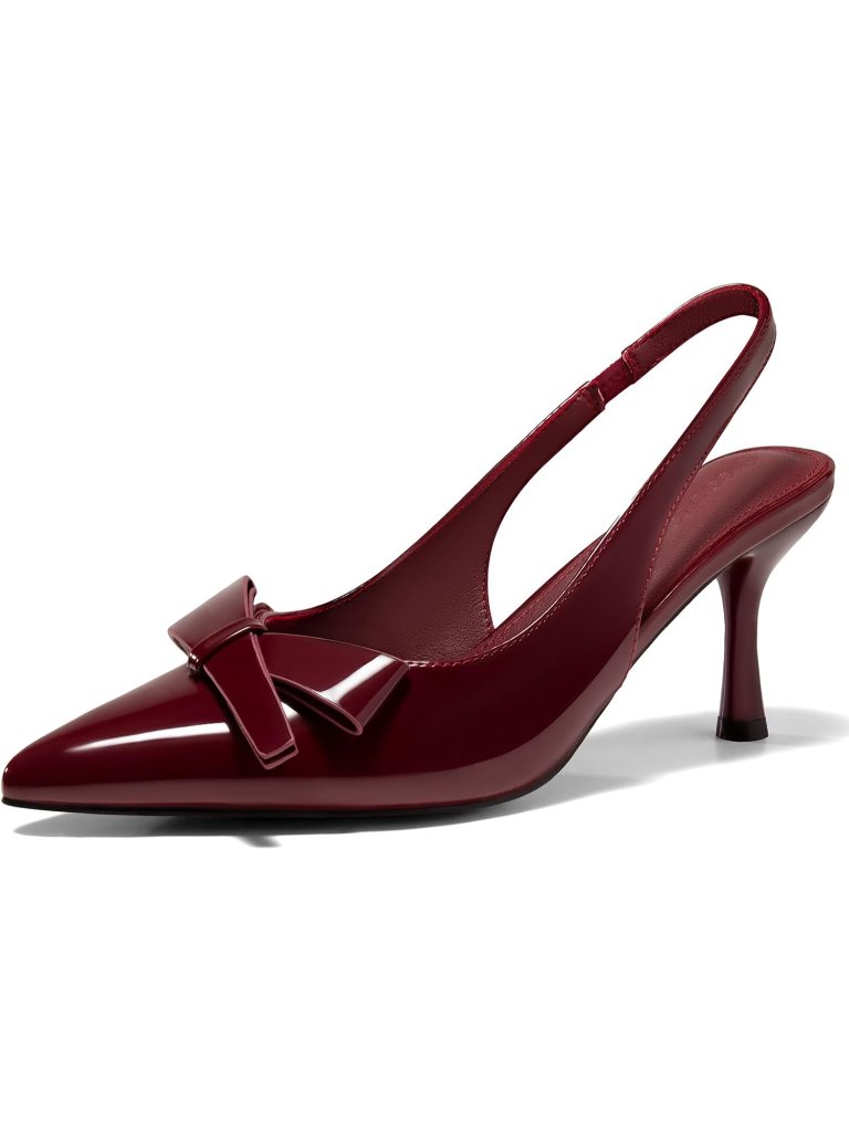 Women's Red Slingback Kitten Heels Bow Closed Pointed Toe Pumps Slip On Shoes
